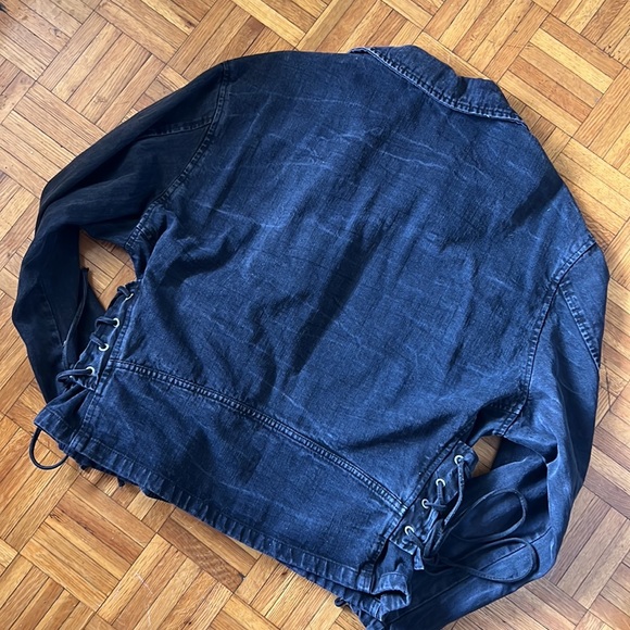 Free People Black Oversized Denim Moto Jacket Corset Lace Up - Picture 7 of 8